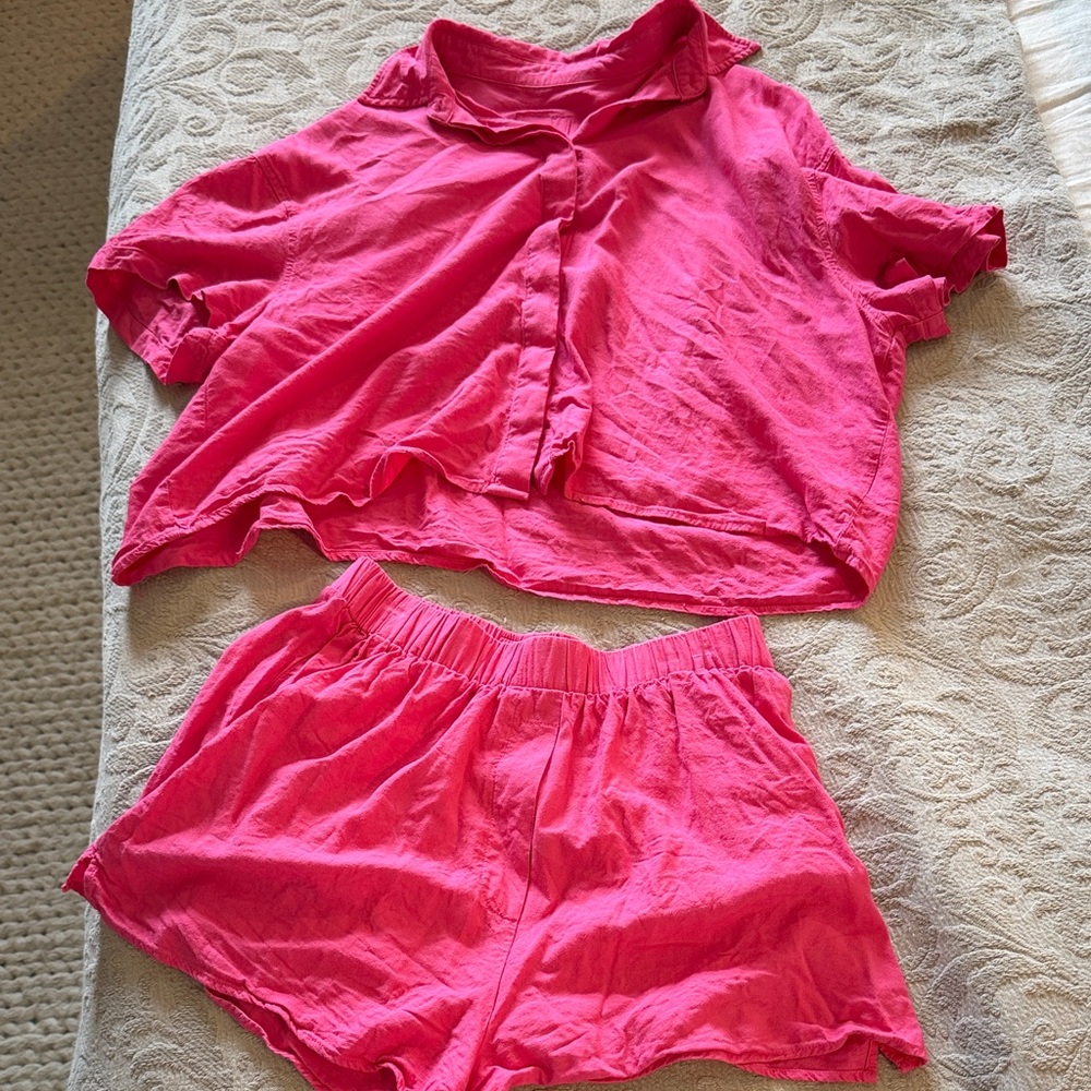 Daily Drills Hot Pink Short Sleeve Button Top & Elastic Waist Shorts